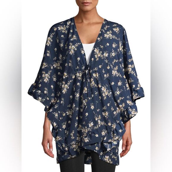 Navy Blue Floral Print Ruffled Edge Kimono Tie Front NWOT - Picture 1 of 9